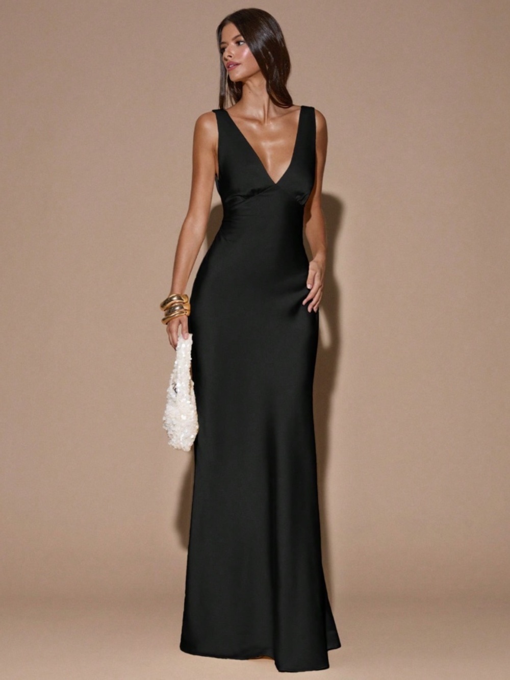 Black Satin Maxi Dress Criss Cross Back Ties - Picture 5 of 10